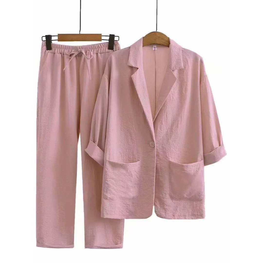 Conjunto Casual de Algodão e Linho com Manga Longa, Estilo Solto e Elegante, em Cores Sólidas para Primavera e Outono