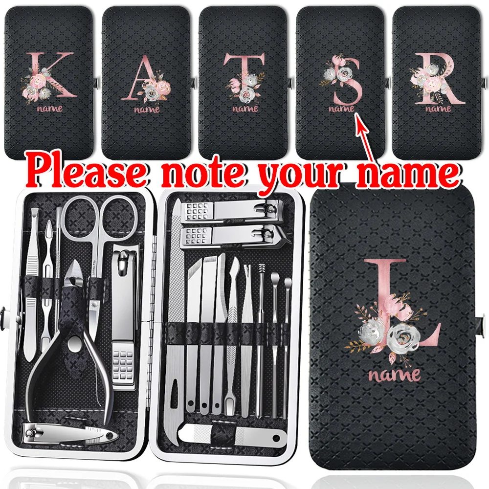 

Customized Name 19Pcs Manicure Set Stainless Steel Pedicure Kit Portable Nail Clippers Organizer Grooming Box Daily Care Tools