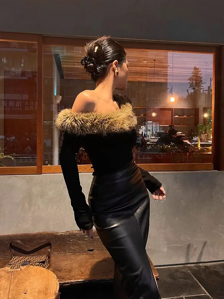 الأمريكية Gyaru Acubi Alt الجرونج تونك مثير قبالة الكتف المحاصيل الأعلى Ropa De Mujer القوطية Y2k تي شيرت جرافيك الفراء الرقبة المحملة