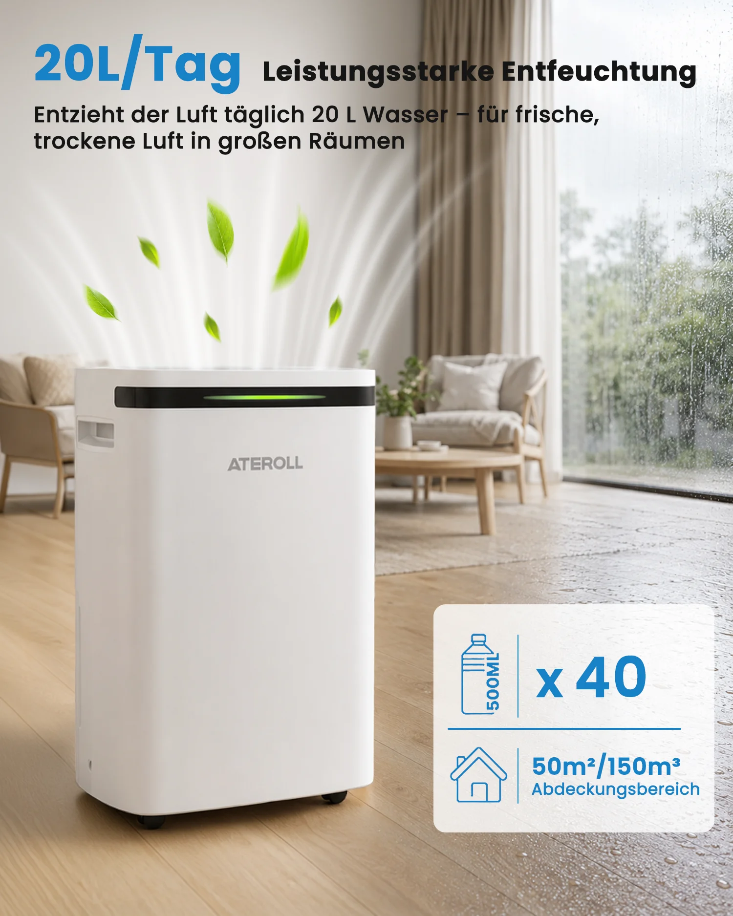 Ateroll 20L/Tag Luftentfeuchter Großes Fassungsvermögen Feuchtigkeitsabsorber Leise Schnelltrocknung Kindersicherung Doppelablauf für Wohnung Schlafzimmer Bad Babyzimmer