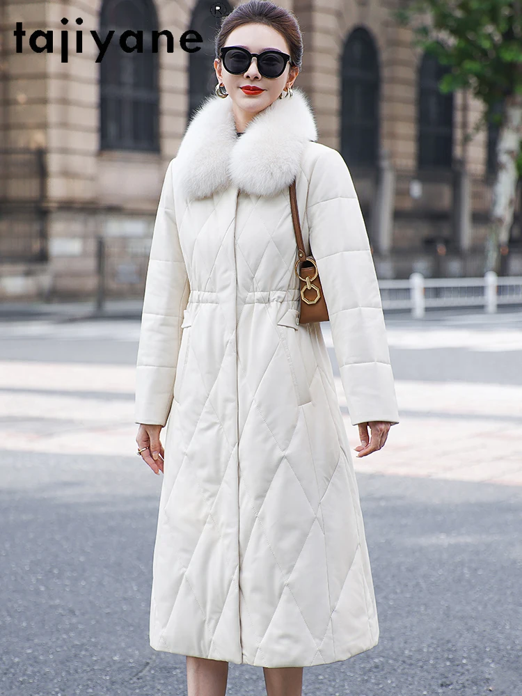 TAJIYANE 100% manteau en duvet d'oie en peau de mouton femmes col de fourrure de renard vestes longues en cuir véritable veste bouffante vêtements d'hiver 2025 