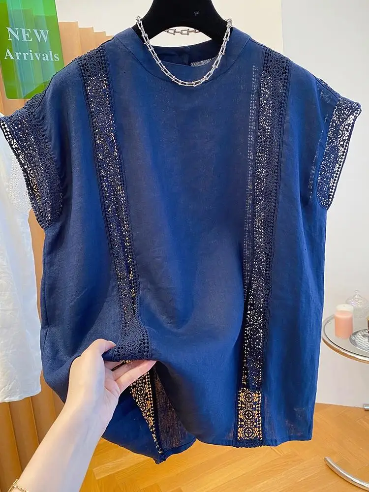 Blusa feminina cor sólida verão oco pulôver renda solta camisas de manga curta camisas y blusas mujer topo 2025 novo