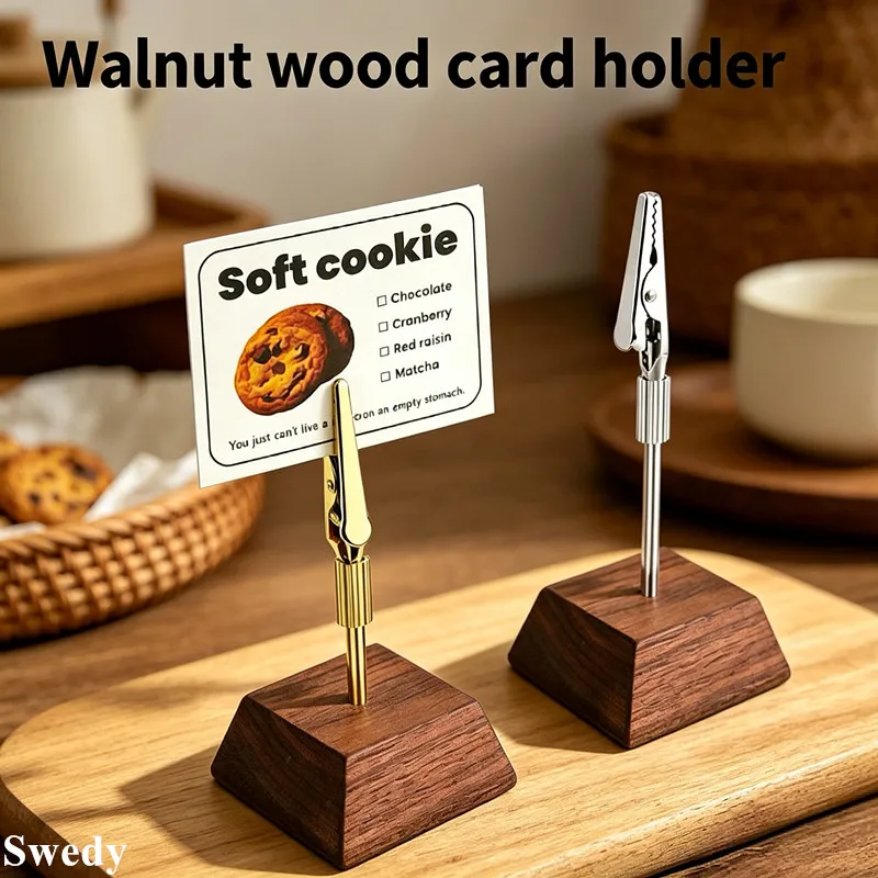 5 Pieces Walnut Wood Card Holder With Metal Clip Table Number Place Card Holder Stand For Restaurant, Photo Memo Clip