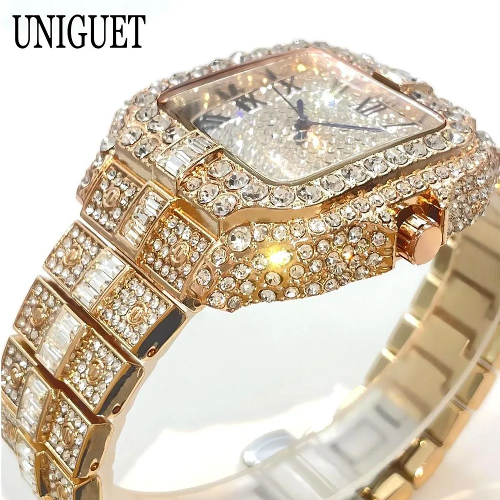 UNIGUET Fashion Watch For Men Luxury Rose Square Iced Out Quartz Watch Man Hip Hop Full Diamond Jewelry Wristwatch Reloj HombreU