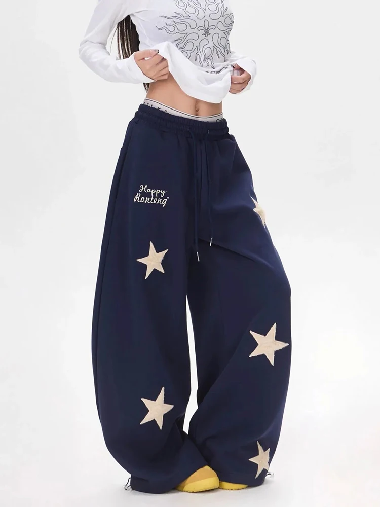 Star Embroidered Women Sweatpants Autumn High Waist Streetwear Loose Wide Leg Pants Y2K Hip Hop All Match Straight Trousers