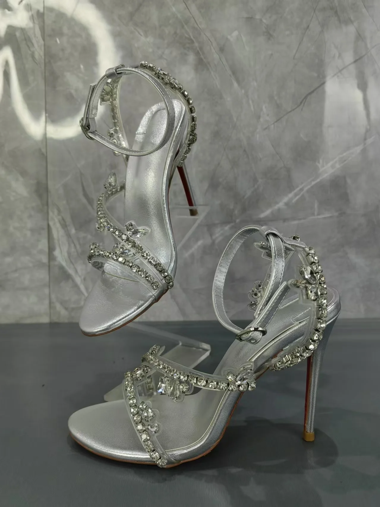 Open Toe Pvc Female Pumps Summer Crystal Fine Heels Women Sandals Buckle Strap Stiletto Lady Slingback Shoes Zapatos Mujer