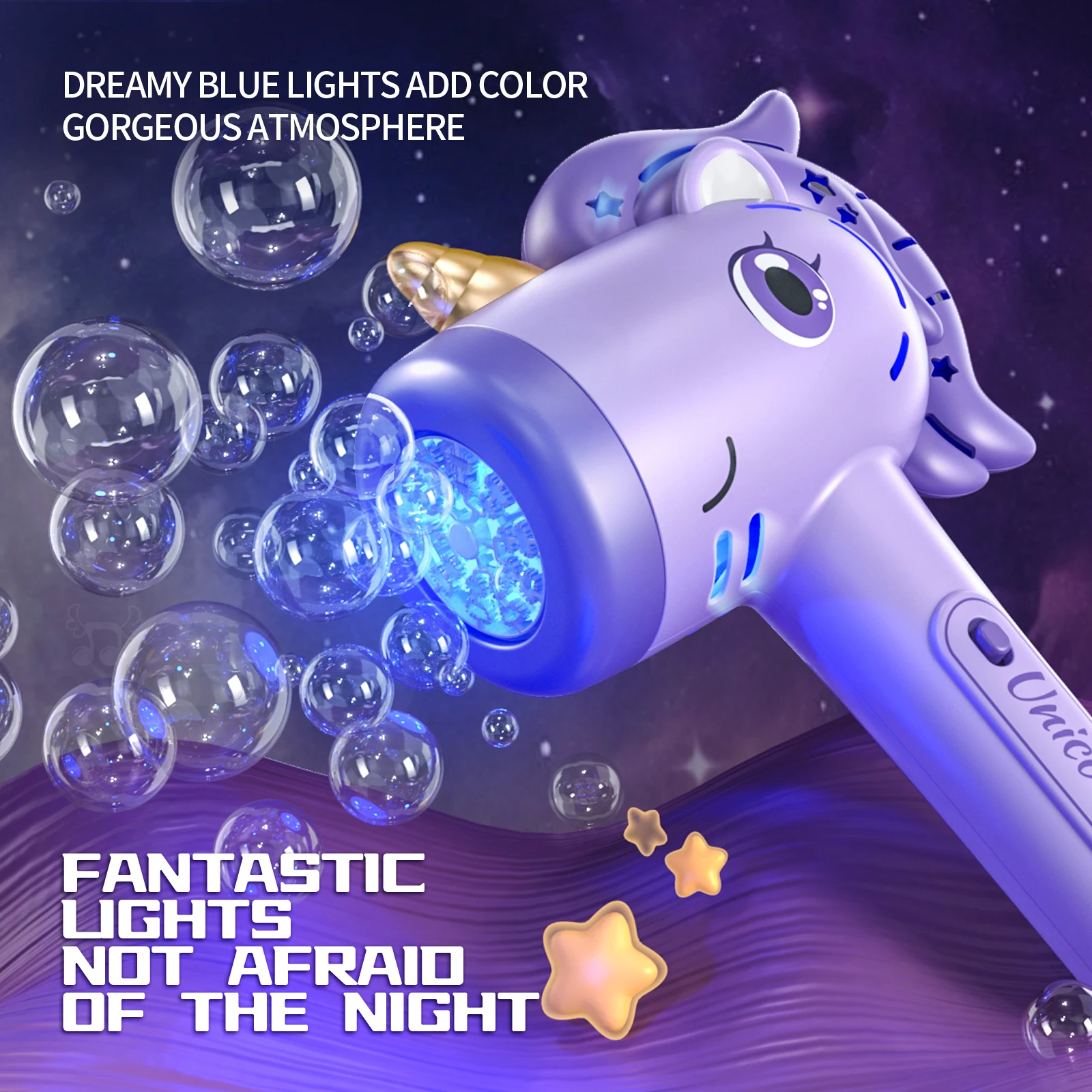 Einhorn-Seifenblasenmaschine, automatische Seifenblasenmaschine mit Fantasy-LED-Lichtern, Outdoor-Seifenblasenspielzeug für Kinder ab 3 Jahren, inklusive Seifenblasenlösung – Detail 6