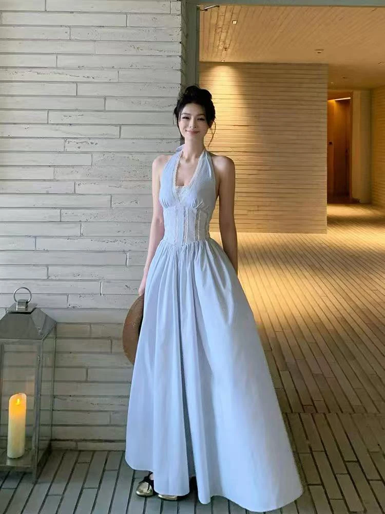 Elegancka sukienka midi damska z dekoltem typu halter, modna, z koronkowymi wstawkami, dopasowana, w stylu Y2K, seksowna, bez pleców, idealna na lato, na plażę i wakacje, Vestidos