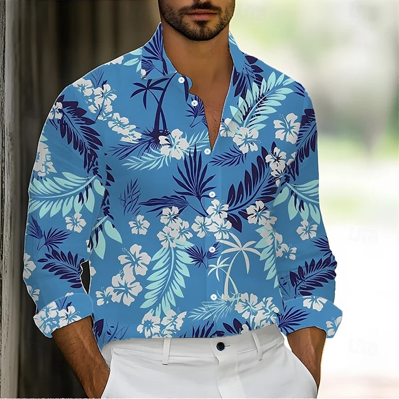 Chemise hawaïenne à fleurs tropicales pour hommes, printemps été, impression 3D, revers boutonné, bleu sarcelle, bleu clair, Rose, rouge