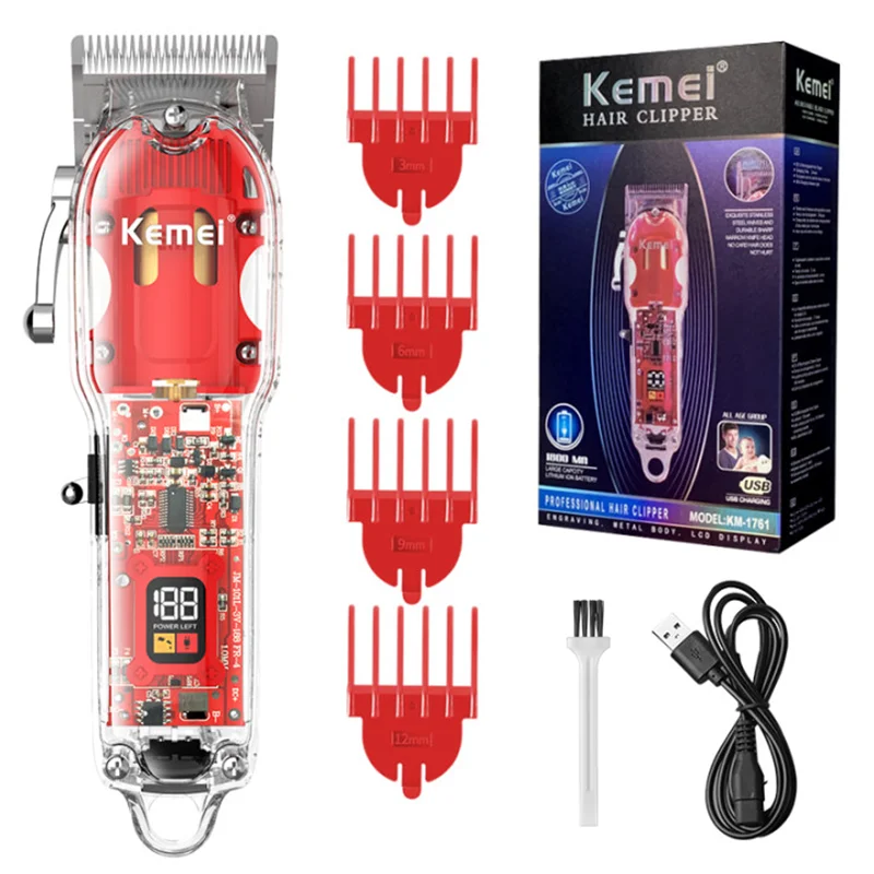 

Kemei Professional Electric Hair Clipper Men's Rechargeable Beard Hair Trimmer Transparent Shell Adjustable Hair Trimmer KM-1761