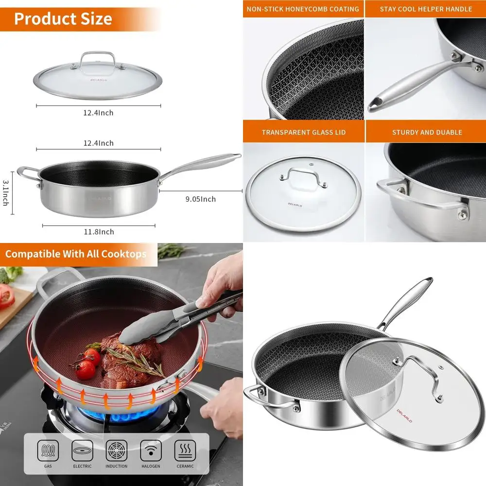 

12 Tri-Ply Stainless Steel Skillet, 6-Qt Saute Pan with Lid, All Cooktops & Oven Safe Up to 660°F, Dishwasher Safe