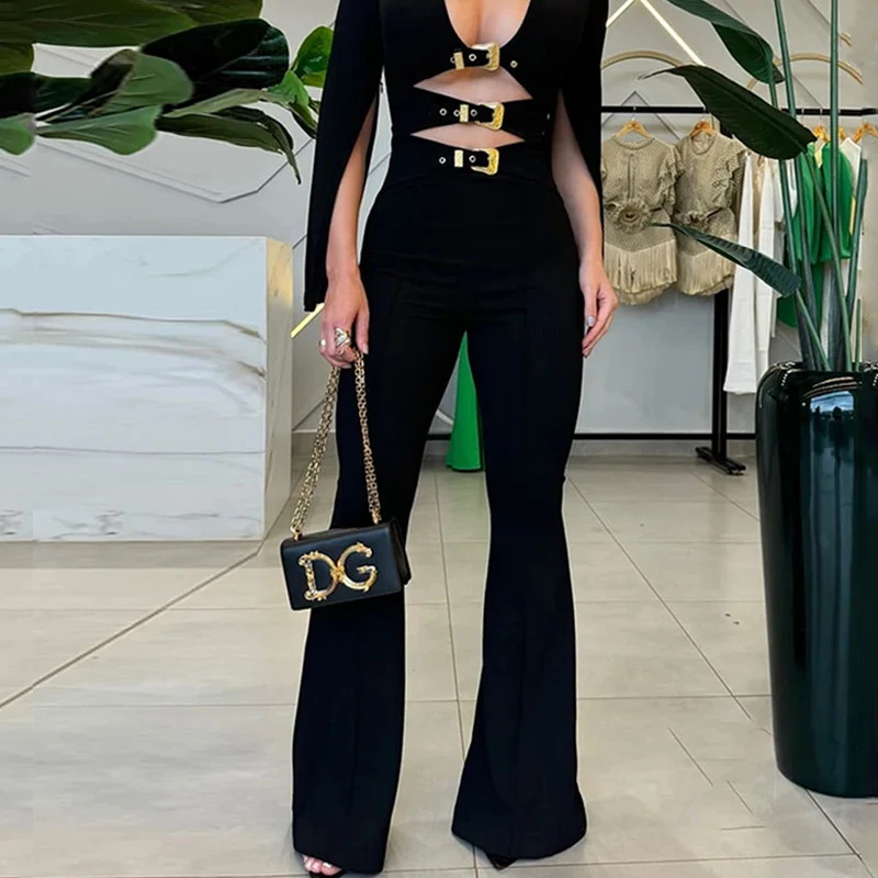 Wefads Tuta Abbigliamento donna Moda Solido Manica lunga Scollo a V Cintura cava Vita stretta Pantaloni svasati Pagliaccetti Alta streetwear
