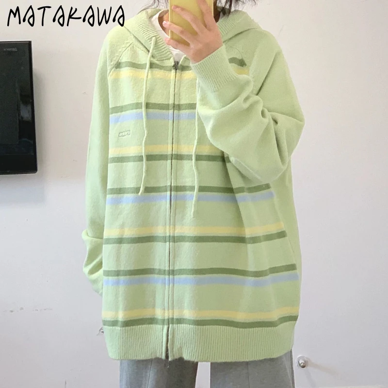 Matakawa Kapuze Strickjacken Streifen y2k Kontrast farbe Vintage lose Herbst Winter Frauen Pullover Reiß verschluss koreanische Strickwaren