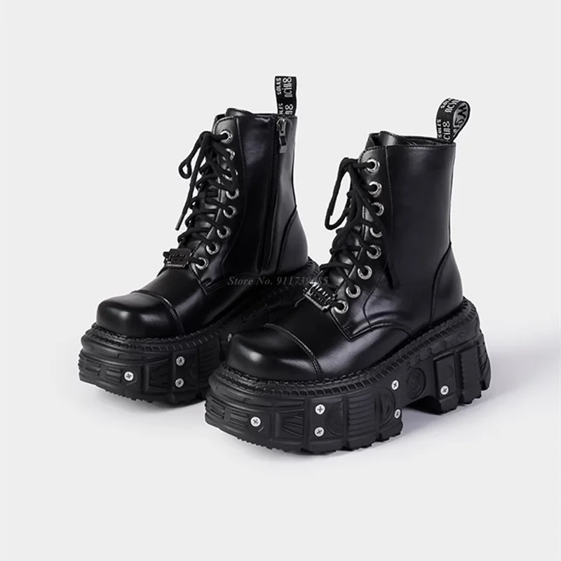 Thick Soled Lace Up Short Punk Boots Women Metal Rivets Chunky Heel Motorcycle Shoes Black Leather Ankle Boots Big Size45