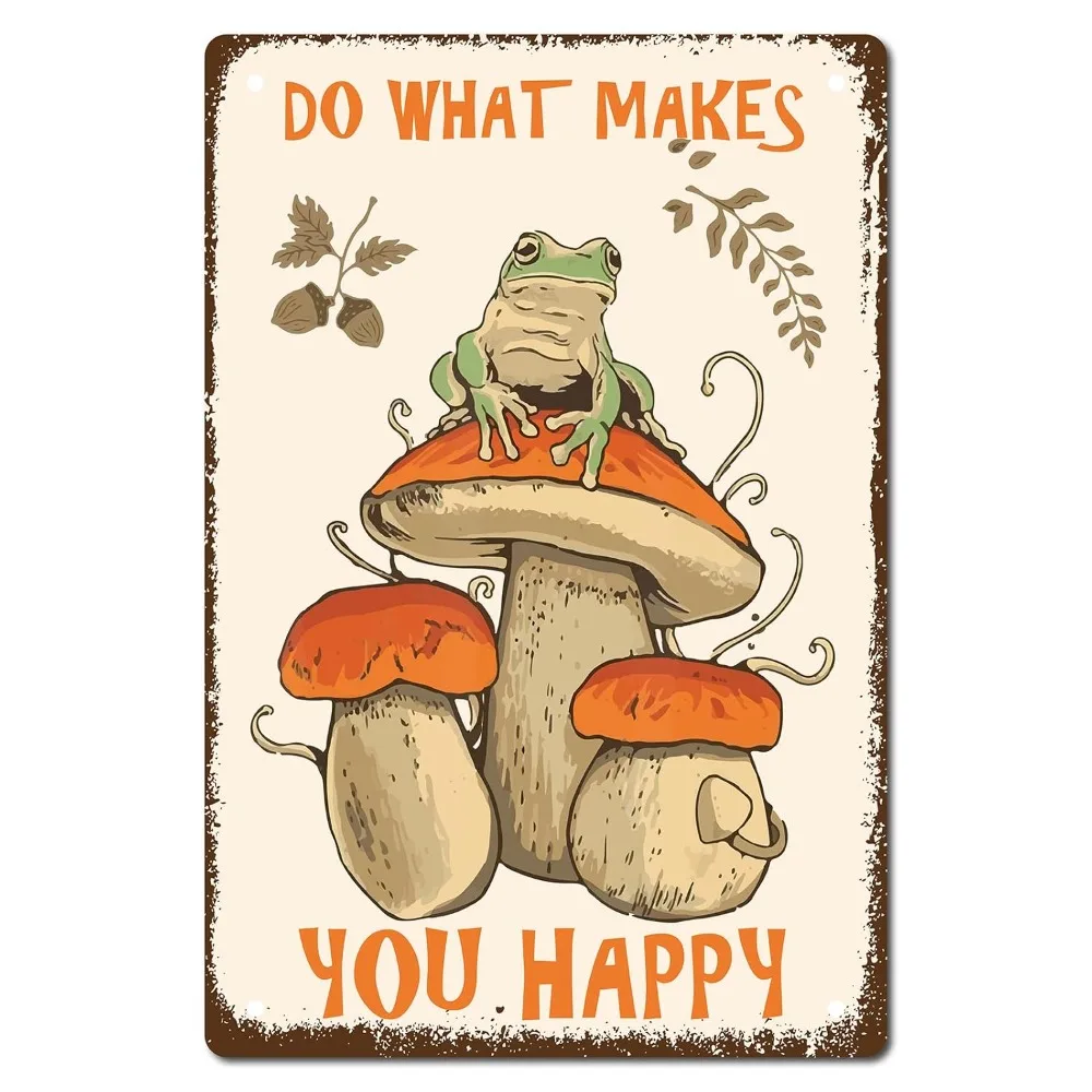 CREATCABIN Mushroom Frog Tin Sign - Vintage Metal Wall Art, Home Kitchen Decor Gift