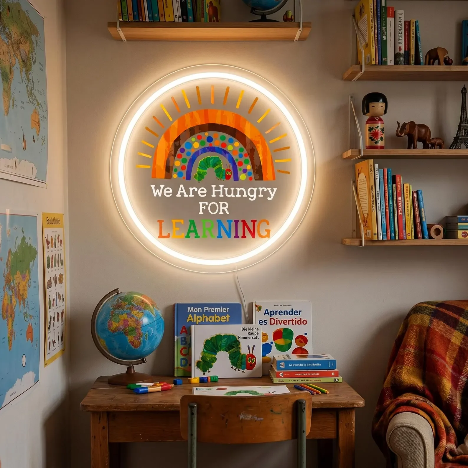 We Are Hungry For Learning Neon Sign,Caterpillar Classroom/Library,Study Room/Reading Corner  Wall Decor,Preschool Teacher Gift