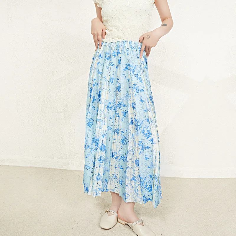 Women Skirts Summer 2023 New Fashion Floral Printed High Quality Elastic Miyake Pleated High Waist Skirt