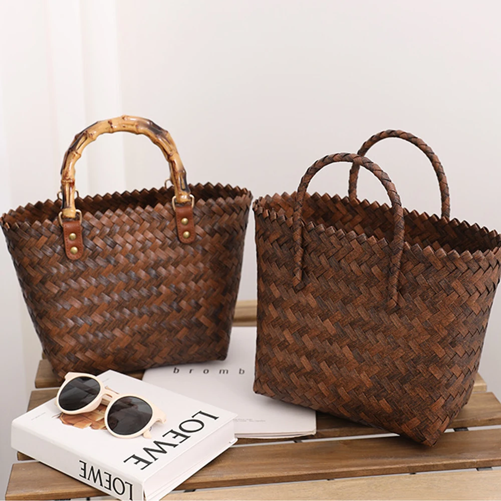 Moda Tecido Beach Basket Bag Bolsas Femininas Boho Bambu Handle Straw Bags para As Mulheres 2023 Rattan Bag Feminino Tote Purse Clutch