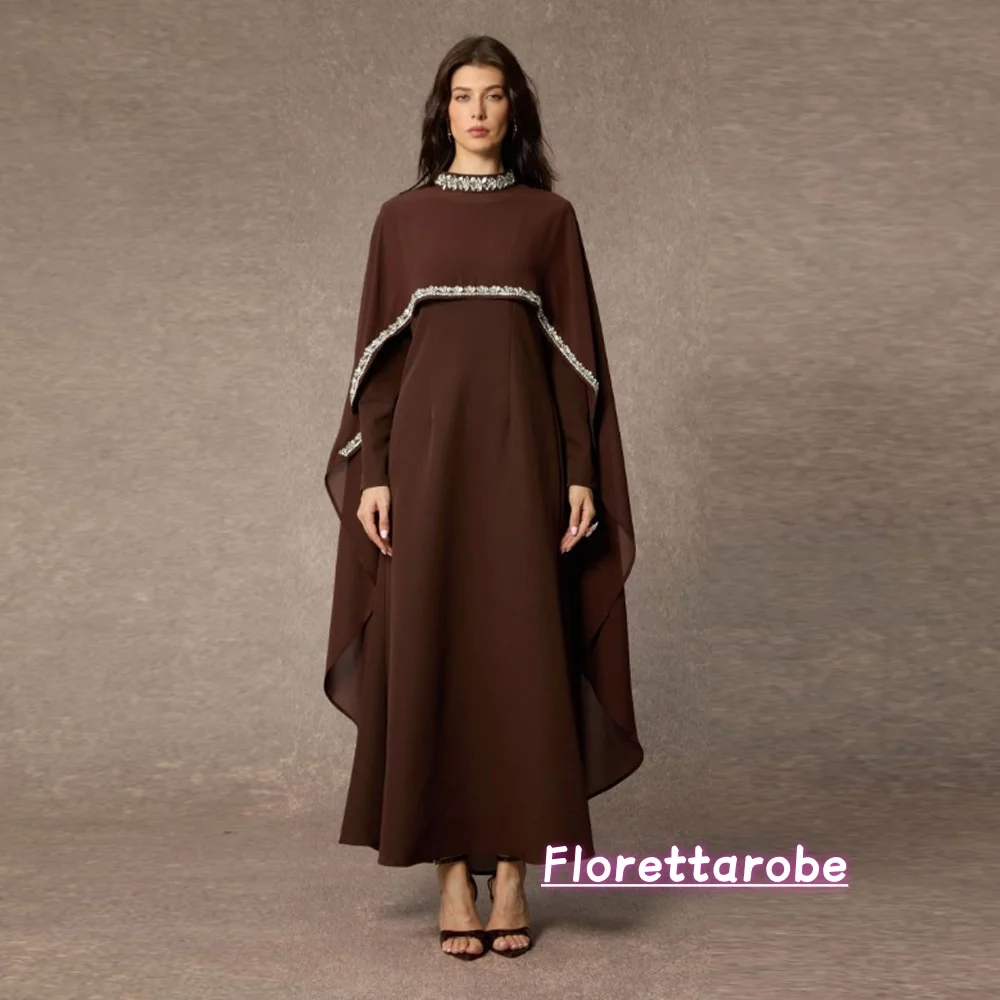 Florettarobe Saudi Arabic Long Sleeves Bead Evening Gown Stand Collar High Waist Patchwork Cape Prom Long Dresses Customized