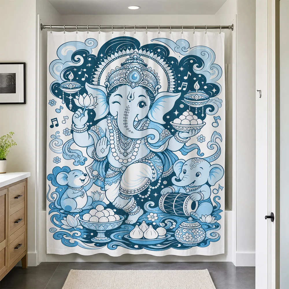 Waterproof Cartoon Elephant Shower Curtain Liner Hindu Krishna Deity Blue Art Bathroom Decor Shower Screen Tropical Style