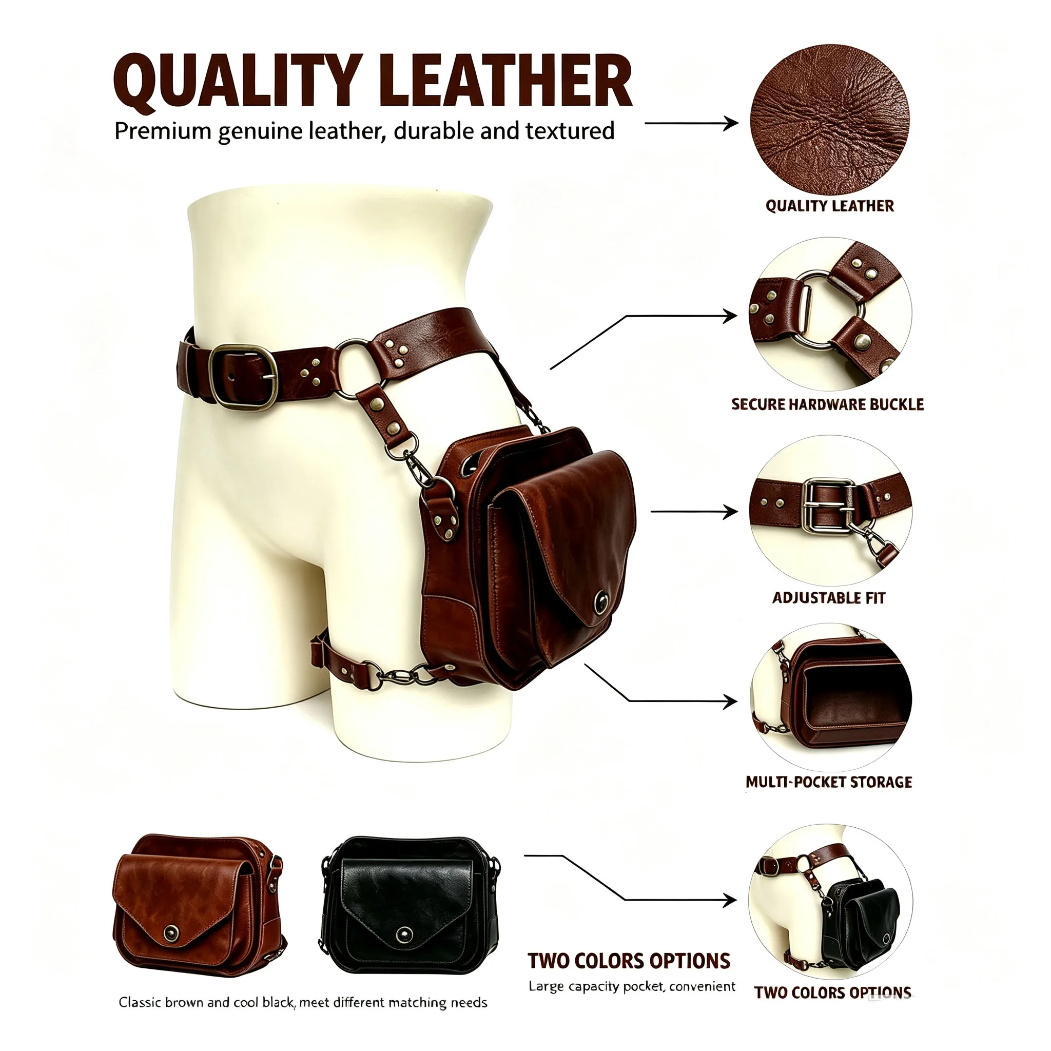 Retro-Ästhetische PU-Quadrattasche, Damen-Crossbody-Bauchtasche, Motorrad-Stil Oberschenkeltasche, Mittelalterliches Ritter-Accessoire für Partys – Detail 2