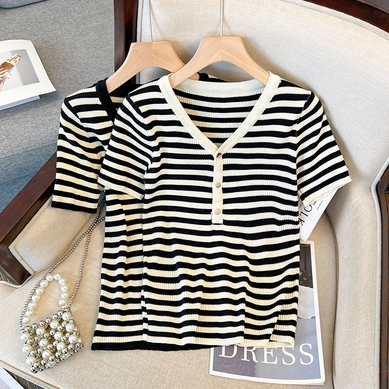 니트웨어 반팔 스트라이프 니트 스웨터 여성 풀오버 새로운 V넥 니트 스웨터 풀오버 여성 탑스 스웨터 페미니노 Q2706
