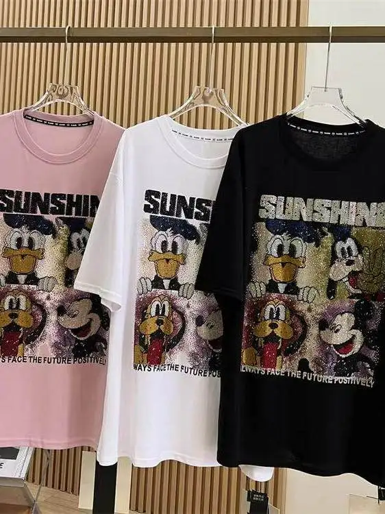 

plus Size Women's T-Shirt Heavy Embroidery Short Sleeve Loose Fit Mid-Length Cartoon Design Summer Casual Wear Polyester Fiber