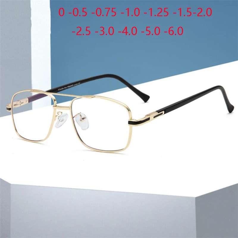 Double Beam Anti-blue Light Square Nearsighted Glasses Women Men Metal Spring Hinge Prescription Spectacles 0 -0.5 -0.75 To -6.0