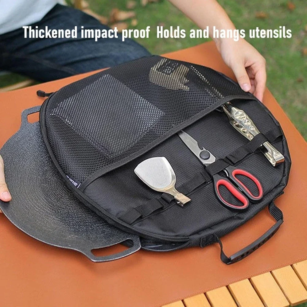 Outdoor Round Griddle Carry Bag, Thick Impact Proof Storage Bag with Pockets for Camping BBQ Plate & Cooking Utensils