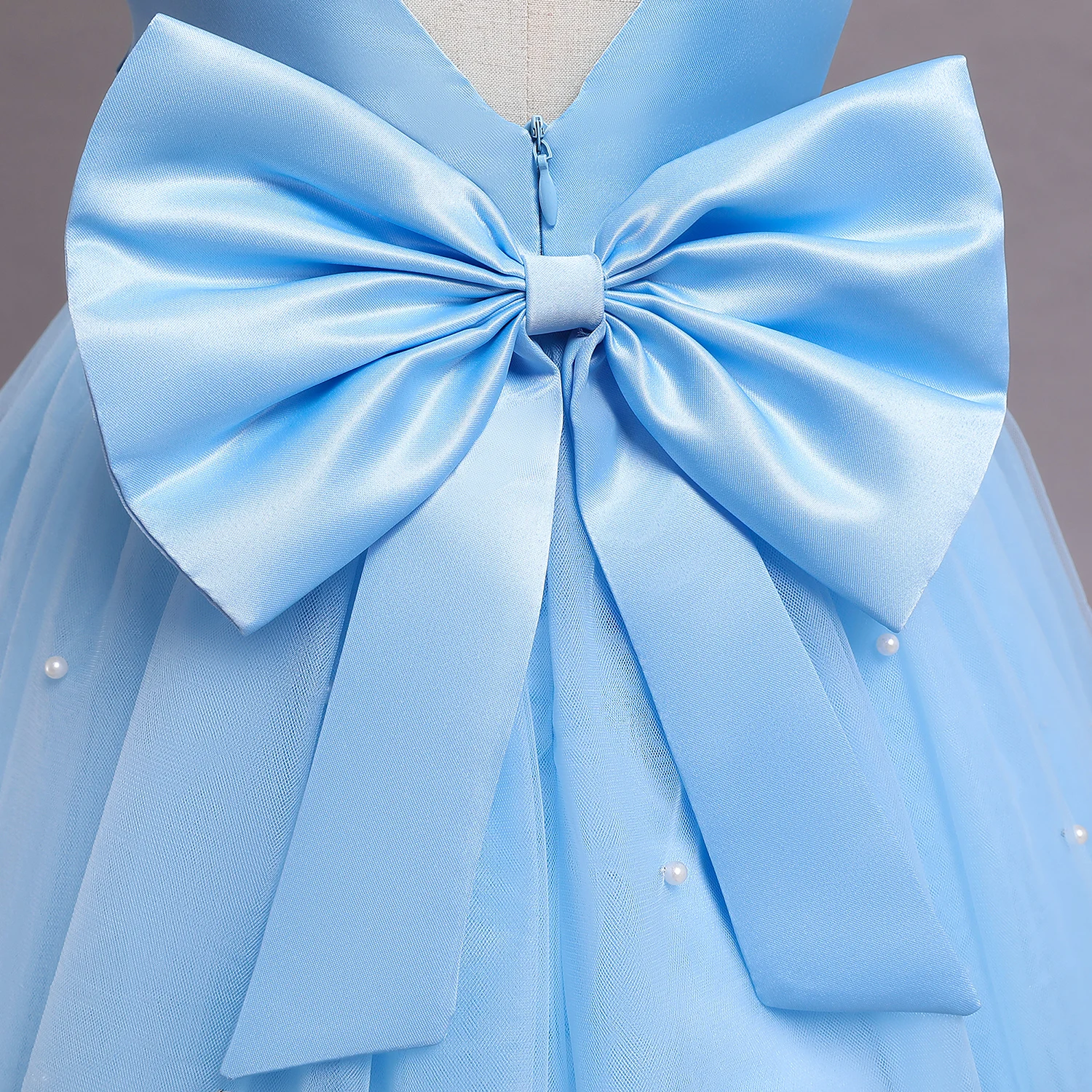 Toddler Baby Girl Birthday Party Dresses Backless Bow Beading Blue Princess Dress Newborn Infant Baptism Ceremony Costume 1-5Yrs