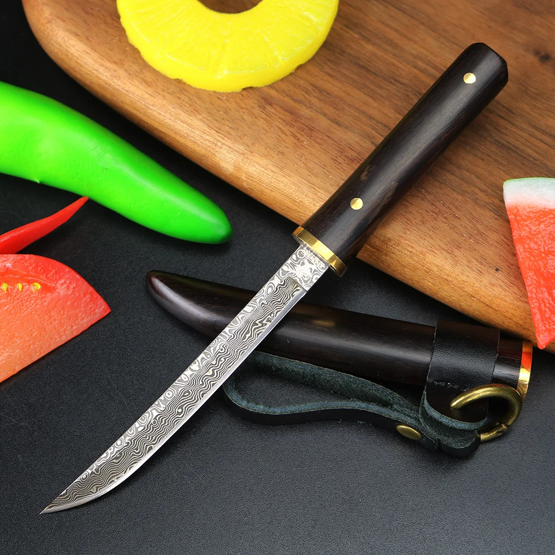 Coltello da frutta per esterni a lama fissa in acciaio di Damasco coltello da autodifesa per sopravvivenza nella natura selvaggia coltello da caccia da campeggio fodero in legno massello