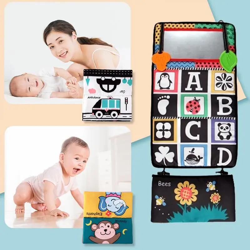 Espelho do assoalho com Crinkle Cloth, Livro e Mordedores para o bebê, Desenvolvimento Montessori Sensorial Crawling Toy