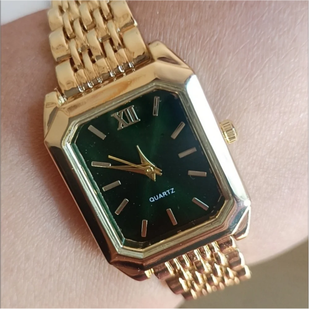 Girls Clock Gift 2PCS Fashion Rectangle Women Quartz Watch Simple Square Steel Band Wristwatch Rhinestone Bracelet Set