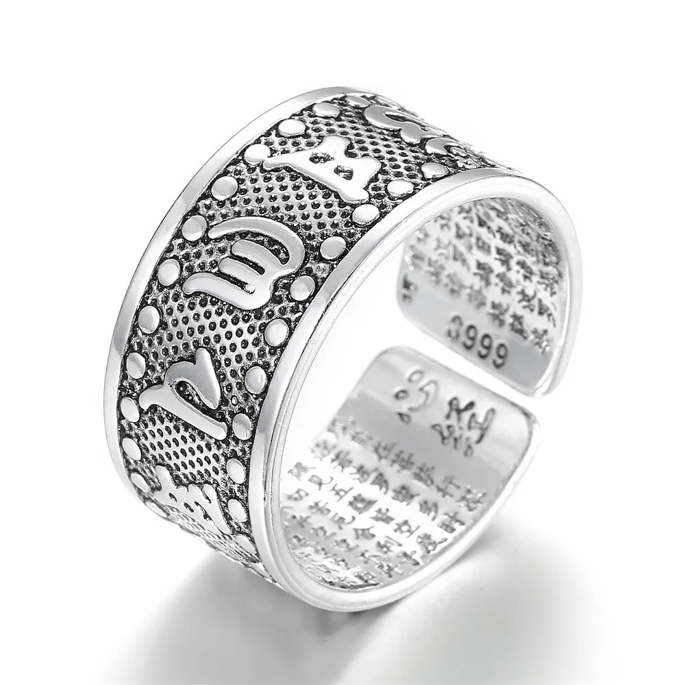 Unisex Vintage Thai Silver S925 Sterling Silver Opening Ring with Six Characters Mantra Heart Sutra Engraving for Men and Women