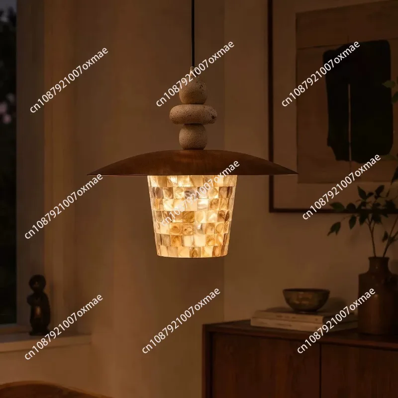 Shell Travertine Restaurant Chandelier Antique Walnut Flying Saucer Top Cover Bar Entrance Decoration
