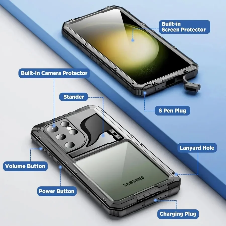 IP68 Waterproof Underwater Diving Metal Case For Samsung S23 S22 Ultra Plus Heavy Duty Shockproof Cover Screen Protector Stand