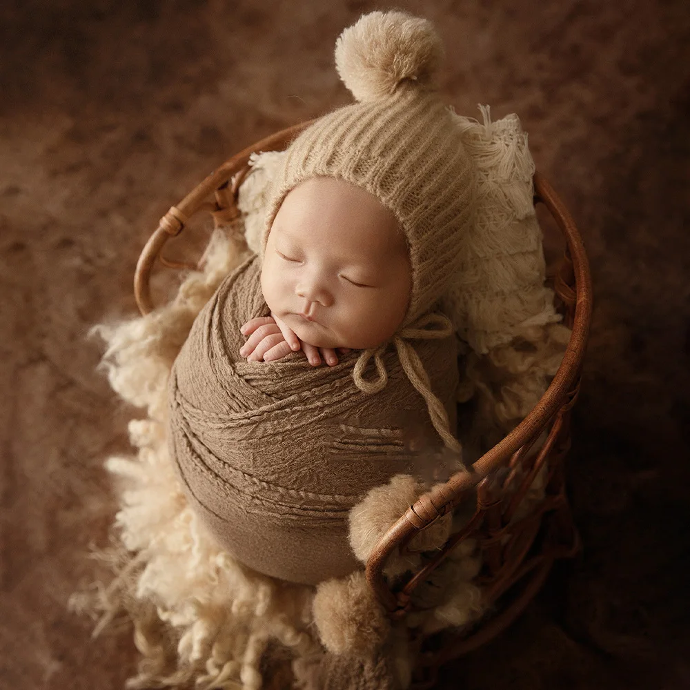 Photography for Newborns Props Accessories Khaki Cotton Gauze High Stretchable Wrap Pompom Hat Headflower Infant Photoshoot Prop