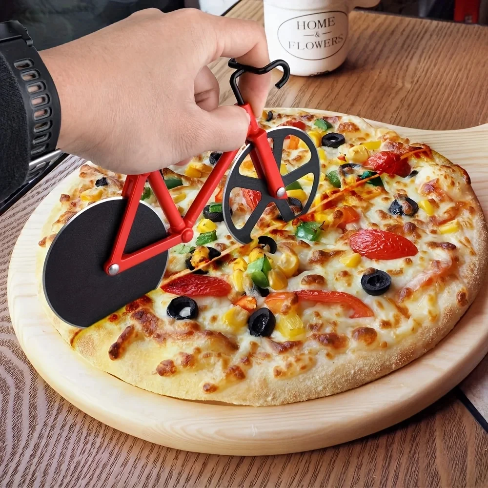Stainless Steel Bicycle Pizza Cutter Dual Wheels - Kitchen Knife for Home & Professional Use Available in Yellow/Blue/Red