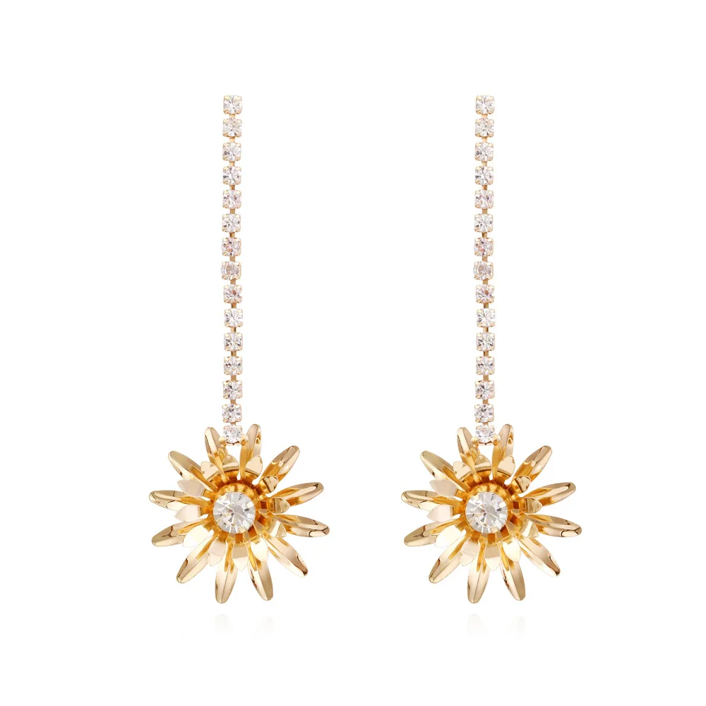 Super flash light luxury long rhinestone flower earrings exaggerated temperament advanced claw diamond sun flower earrings femal