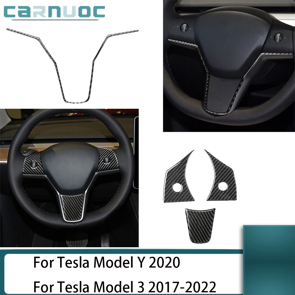 For Tesla Model Y 2020 Tesla Model 3 2017-2022 Carbon Fiber Steering Wheel Kit Stickers Car Interior Decorative Accessories