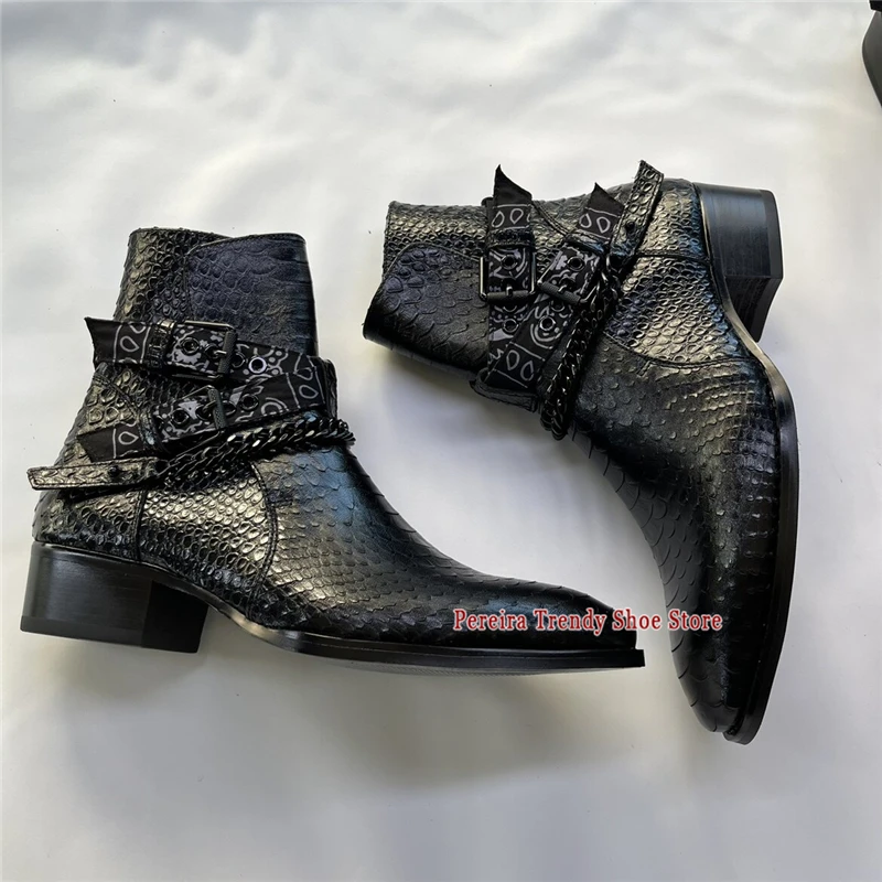 Autumn Winter Snake Print Chelsea Boots Trendy Black Cowhide Chain Strap Buckle Block Heel Cowboy Boots Men Party Dress Shoes