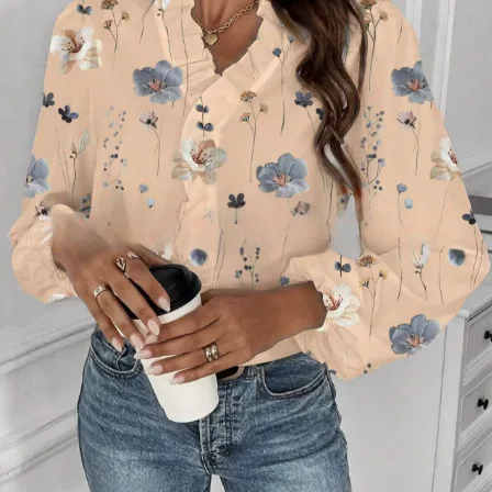 

Рубашка Met Lange Mouwen Dames с v-образным вырезом и кружевом с длинными рукавами и цветочным принтом с рюшами, женская новая офисная универсальная футболка для поездок на работу, рубашка