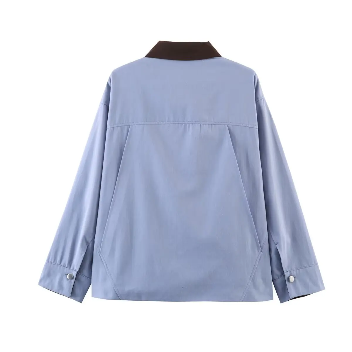 Women's Corduroy Patchwork Jacket With Leather Collar Light Blue Contrast Collar Multi Pocket Utility Jacket For Women VKP5