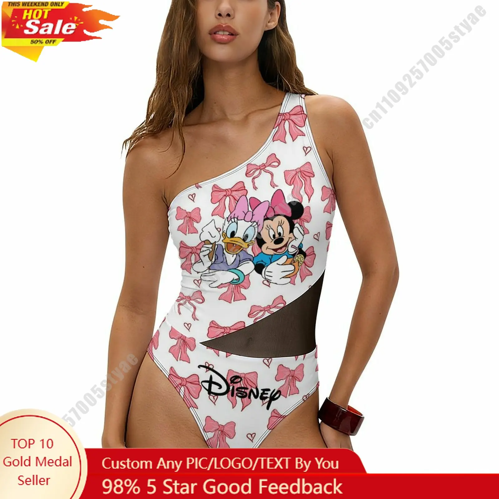 

Minnie Daisy Swimwear Disney Cartoon Women Mesh One Piece Swimsuit Summer Fashion Beachwear Tummy Control One Shoulder Swimsuit