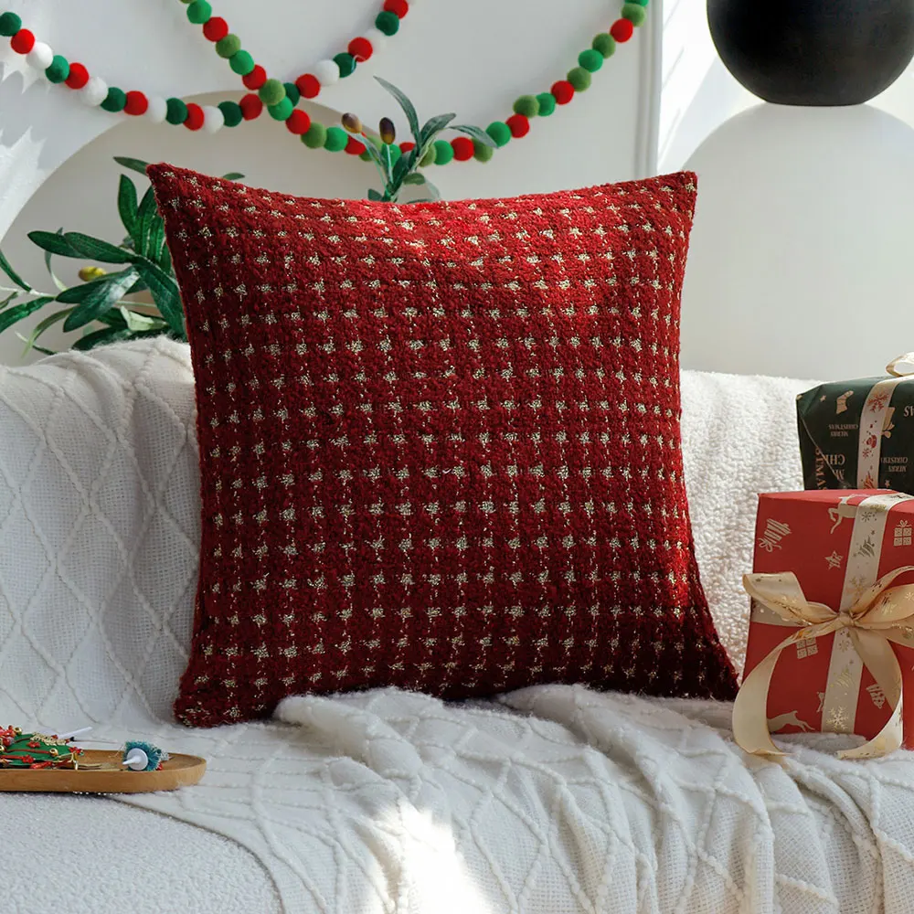 Red Gold Houndstooth Yarn-dyed Christmas Decorative Cushiocover Living Room Sofa Throw Pillow Cover Party Home Decoration 45x45