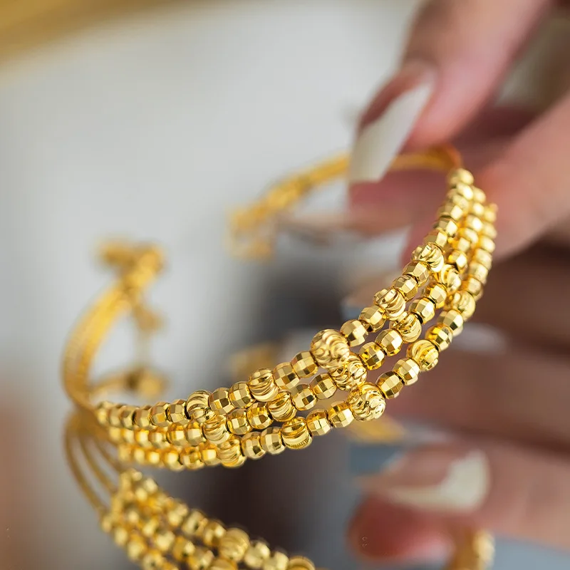Fashion 14 K Gold Color Lucky Bead Bangle for Women Bride Open Laser Shining Bangle Birthday Wedding Jewelry Gifts Not Fade