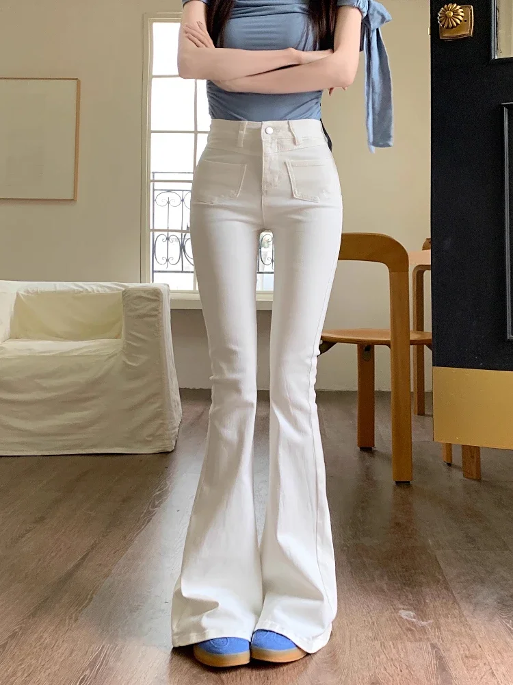 Trendy and minimalist white design pocket jeans women's summer high waisted slim fit elastic micro flared pants