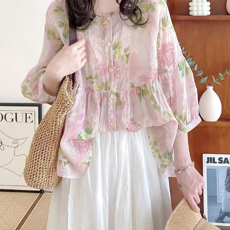 Casual Versatile Doll Shirt Top for Women Summer 2024 Style Loose and Sweet Round Neck Lantern Sleeves Fluffy Floral Print Shirt