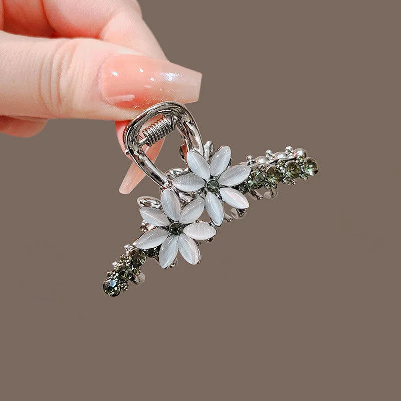 Black High-end Opal Jasmine Flower Hair Grips Medium Size Back Head Half-tied Metal Hair Clip Elegant Women's Hair Accessories