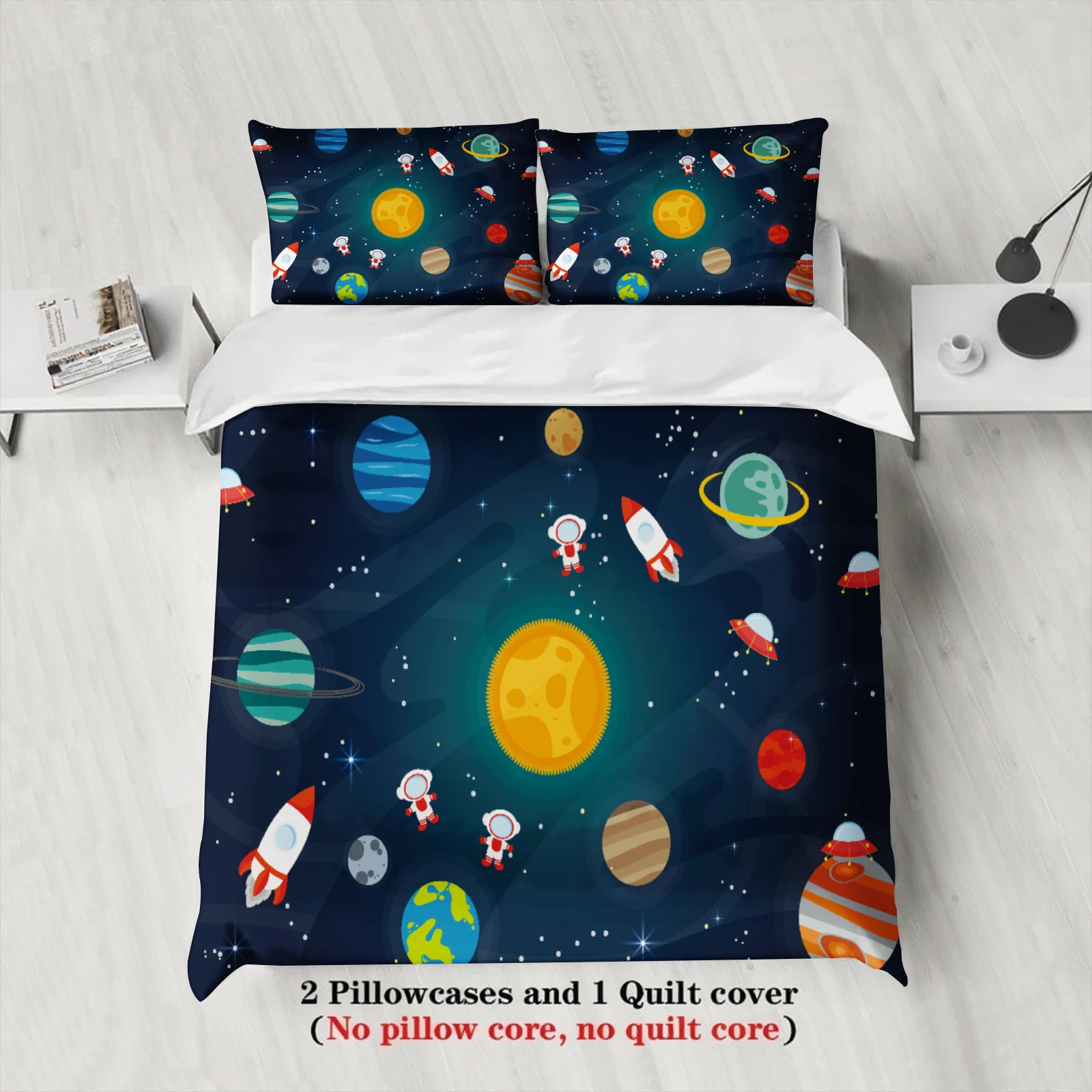 3pcs Space Theme Bedding Sets Dormitory For Students Teen 3D Printed Planets And Rockets Duvet Cover Sets With Pillowcases